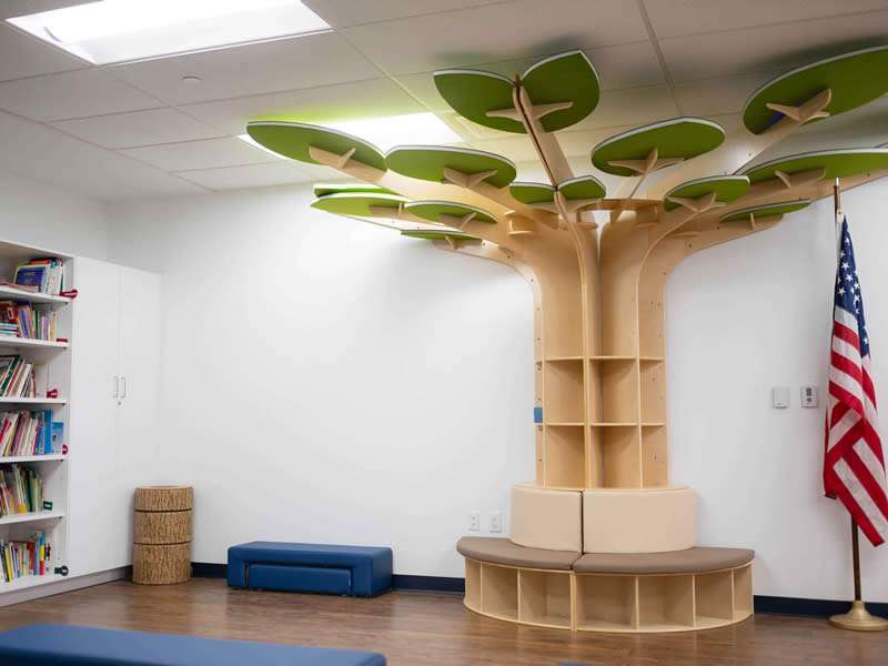 Stylish tree-shaped bookshelf in a classroom setting